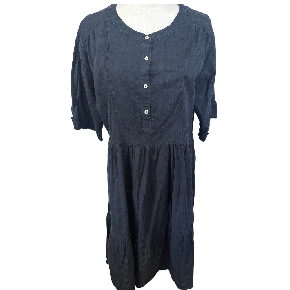 Anthropologie Black Midi Dress Women's Half Sleeve Button Front Tiered‎ Eyelet